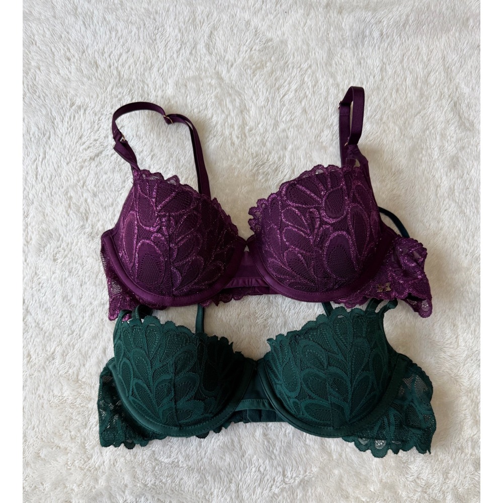Savage X Fenty Lace Bra Bundle Emerald Green Plum Purple Glitter Balconette Set